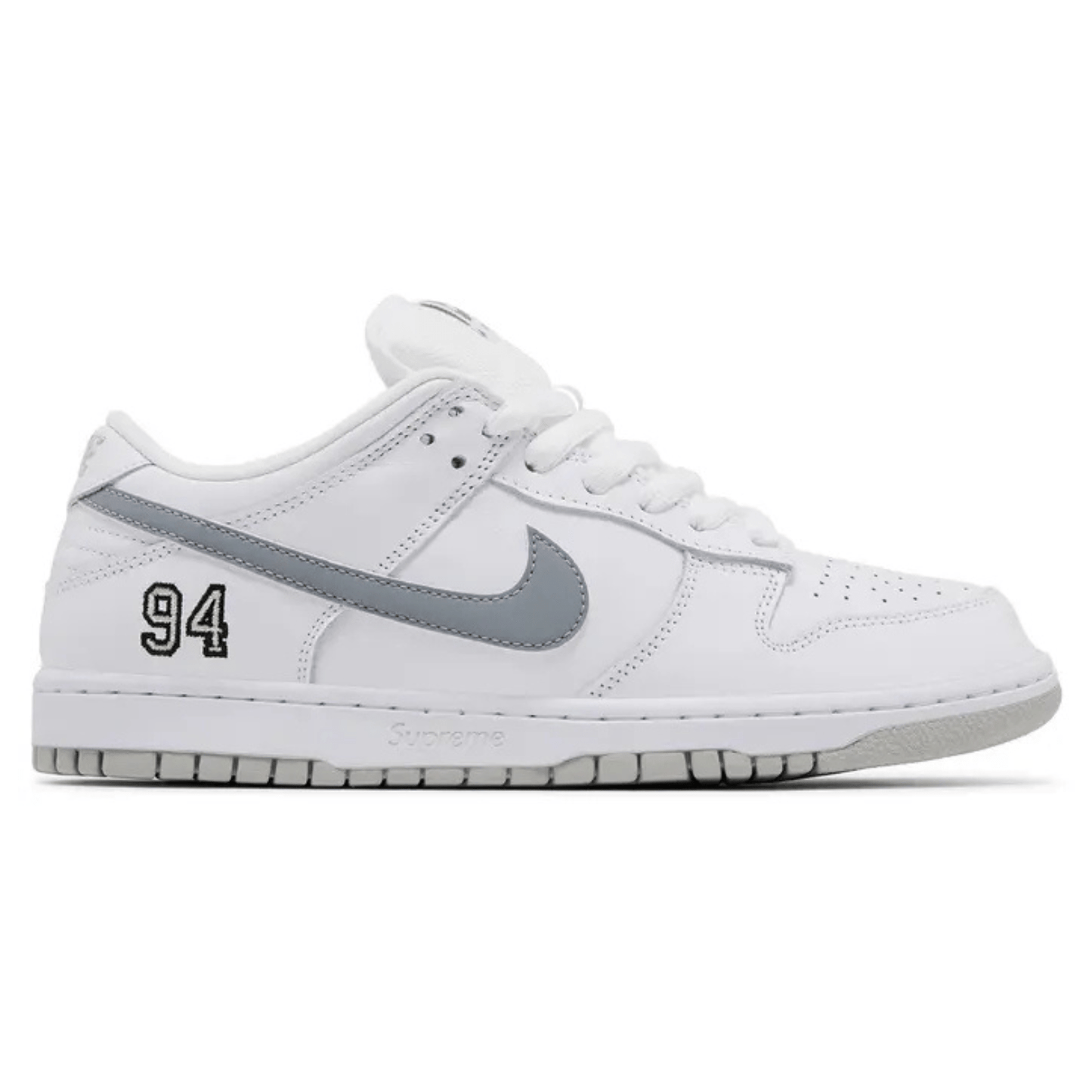 Nike SB Dunk Low Supreme 94 White Metallic Silver HQ8487 100 - Nike SB Dunk Low Supreme 94 White Metallic Silver HQ8487 100
