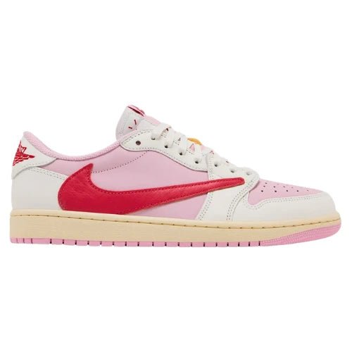 Nike Air Jordan 1 Retro Low OG SP Travis Scott Sail Tropical Pink IQ7604 101 -A low-top Nike sneaker in white and light pink leather with a vibrant red Swoosh and red heel tab, set against a plain white background.