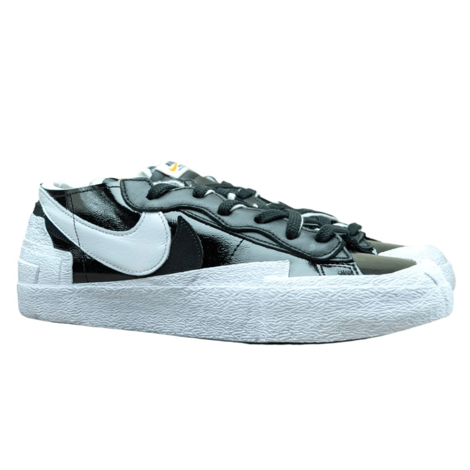 Nike Blazer Low Sacai Black Patent DM6443 001 - Black and white sneaker with a nike logo on a white background
